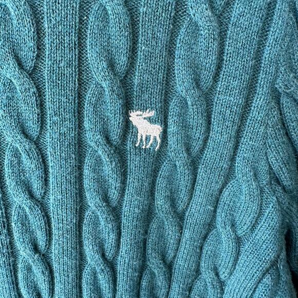 Y2K Abercrombie & Fitch Cable Knit Sweater M Teal Moose Logo Preppy Pullover - Picture 3 of 8
